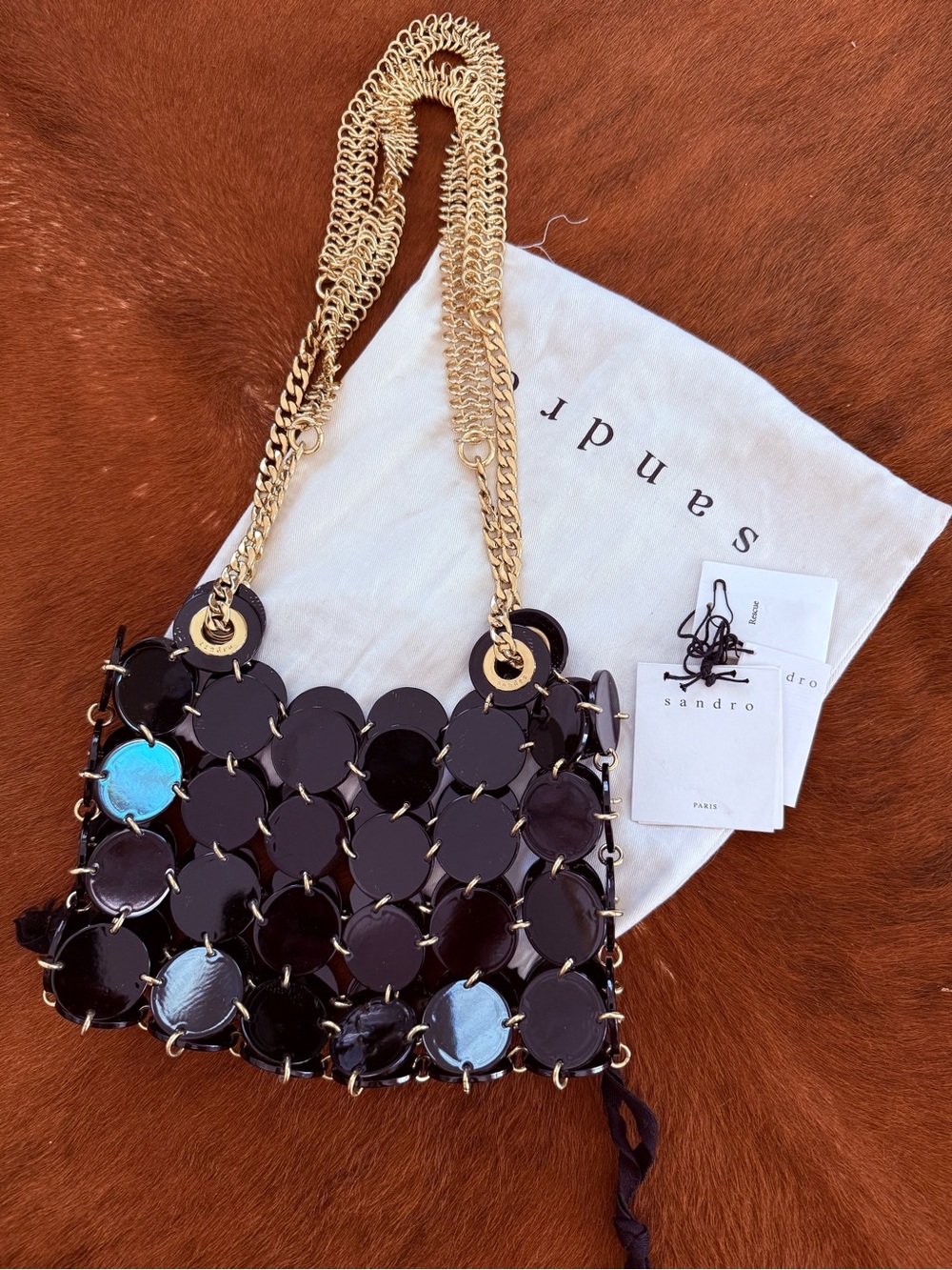 Sandro Black Disc-Link Shoulder Bag with Gold Chain Strap